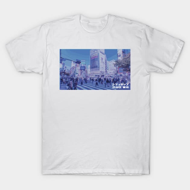 Japanese city pop art series 2 - Shibuya intersection crossing Tokyo Japan in - retro aesthetic - Old retro tv glitch style T-Shirt by FOGSJ